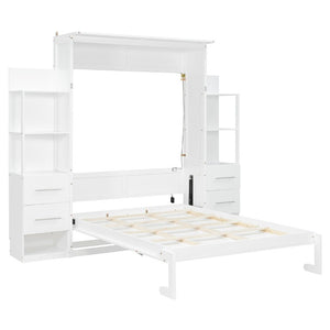 English Elm Full Size Murphy Wall Bed with LED Lighting Built-In Shelves and Drawers for Studio Rooms White LP000565AAK-2
