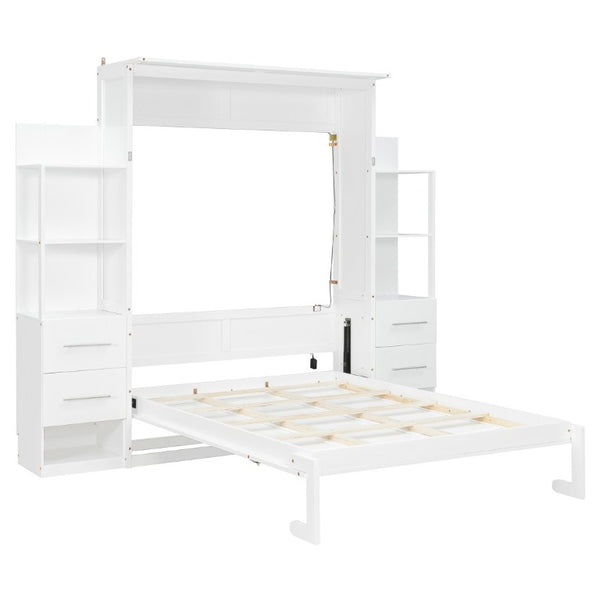English Elm Full Size Murphy Wall Bed with LED Lighting Built-In Shelves and Drawers for Studio Rooms White LP000565AAK-2