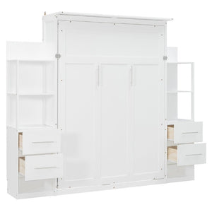 English Elm Full Size Murphy Wall Bed with LED Lighting Built-In Shelves and Drawers for Studio Rooms White LP000565AAK-2