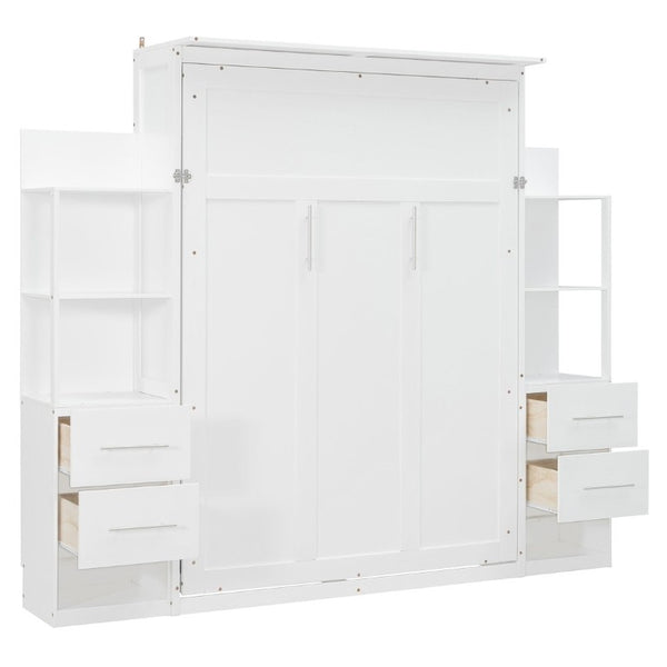 English Elm Full Size Murphy Wall Bed with LED Lighting Built-In Shelves and Drawers for Studio Rooms White LP000565AAK-2