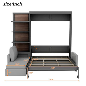 English Elm Queen Murphy Wall Bed with Linen Sofa and Shelving for Studio or Guest Room LP000592AAE-4