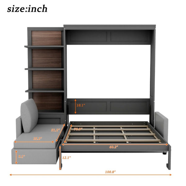 English Elm Queen Murphy Wall Bed with Linen Sofa and Shelving for Studio or Guest Room LP000592AAE-4