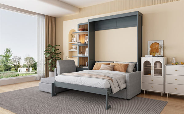 English Elm Queen Murphy Wall Bed with Linen Sofa and Shelving for Studio or Guest Room LP000592AAE-4