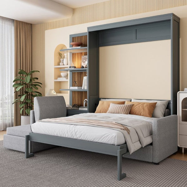 English Elm Queen Murphy Wall Bed with Linen Sofa and Shelving for Studio or Guest Room LP000592AAE-4