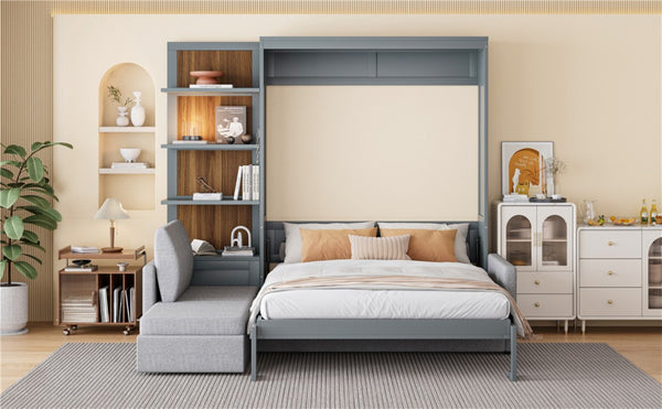 English Elm Queen Murphy Wall Bed with Linen Sofa and Shelving for Studio or Guest Room LP000592AAE-4