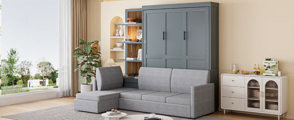 English Elm Queen Murphy Wall Bed with Linen Sofa and Shelving for Studio or Guest Room LP000592AAE-4