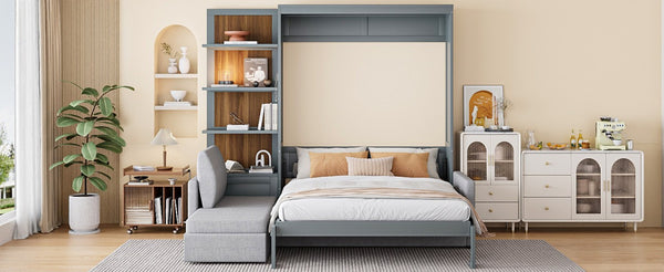 English Elm Queen Murphy Wall Bed with Linen Sofa and Shelving for Studio or Guest Room LP000592AAE-4
