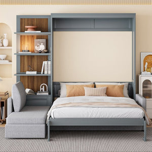 English Elm Queen Murphy Wall Bed with Linen Sofa and Shelving for Studio or Guest Room LP000592AAE-4