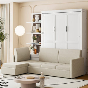 English Elm Queen Murphy Wall Bed with Integrated Sofa Shelving and Linen Upholstery for Studios LP000592AAK-4