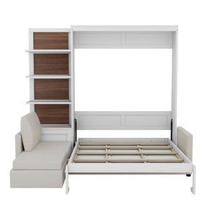 English Elm Queen Murphy Wall Bed with Integrated Sofa Shelving and Linen Upholstery for Studios LP000592AAK-4