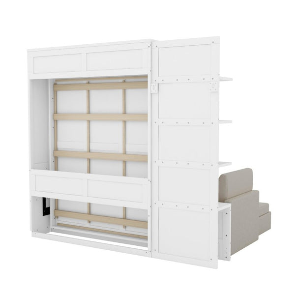 English Elm Queen Murphy Wall Bed with Integrated Sofa Shelving and Linen Upholstery for Studios LP000592AAK-4