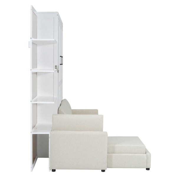 English Elm Queen Murphy Wall Bed with Integrated Sofa Shelving and Linen Upholstery for Studios LP000592AAK-4