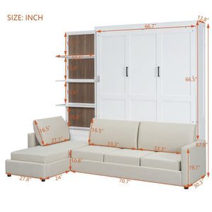 English Elm Queen Murphy Wall Bed with Integrated Sofa Shelving and Linen Upholstery for Studios LP000592AAK-4
