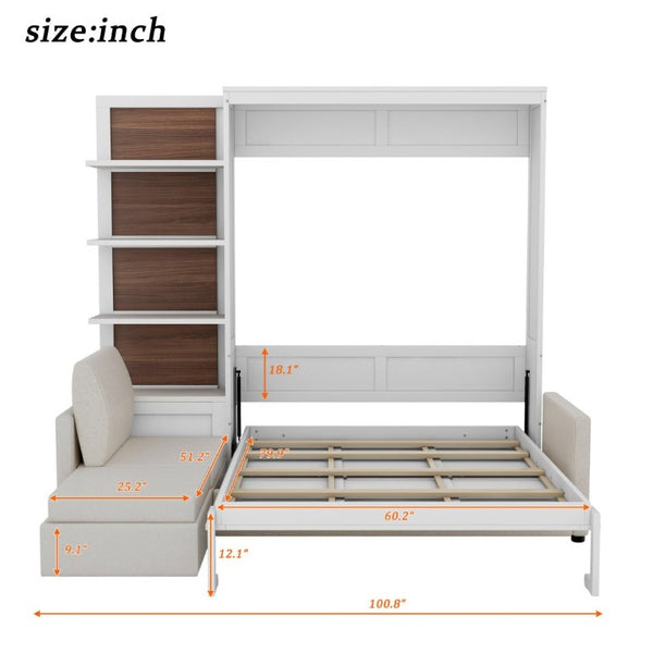 English Elm Queen Murphy Wall Bed with Integrated Sofa Shelving and Linen Upholstery for Studios LP000592AAK-4