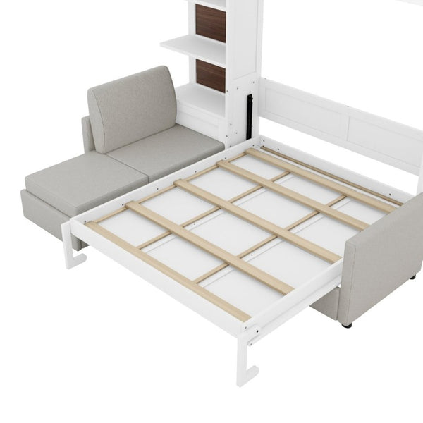 English Elm Queen Murphy Wall Bed with Integrated Sofa Shelving and Linen Upholstery for Studios LP000592AAK-4