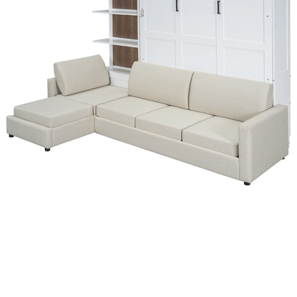 English Elm Queen Murphy Wall Bed with Integrated Sofa Shelving and Linen Upholstery for Studios LP000592AAK-4