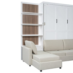 English Elm Queen Murphy Wall Bed with Integrated Sofa Shelving and Linen Upholstery for Studios LP000592AAK-4