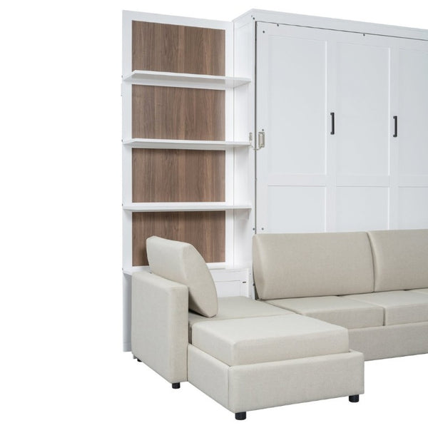 English Elm Queen Murphy Wall Bed with Integrated Sofa Shelving and Linen Upholstery for Studios LP000592AAK-4