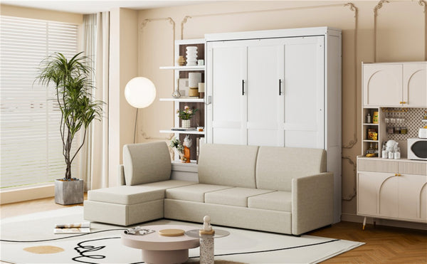 English Elm Queen Murphy Wall Bed with Integrated Sofa Shelving and Linen Upholstery for Studios LP000592AAK-4