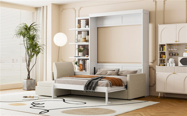 English Elm Queen Murphy Wall Bed with Integrated Sofa Shelving and Linen Upholstery for Studios LP000592AAK-4