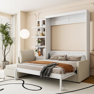 English Elm Queen Murphy Wall Bed with Integrated Sofa Shelving and Linen Upholstery for Studios LP000592AAK-4