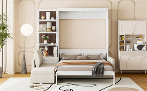 English Elm Queen Murphy Wall Bed with Integrated Sofa Shelving and Linen Upholstery for Studios LP000592AAK-4
