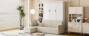 English Elm Queen Murphy Wall Bed with Integrated Sofa Shelving and Linen Upholstery for Studios LP000592AAK-4