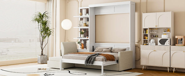 English Elm Queen Murphy Wall Bed with Integrated Sofa Shelving and Linen Upholstery for Studios LP000592AAK-4
