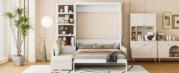 English Elm Queen Murphy Wall Bed with Integrated Sofa Shelving and Linen Upholstery for Studios LP000592AAK-4