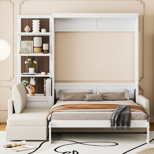 English Elm Queen Murphy Wall Bed with Integrated Sofa Shelving and Linen Upholstery for Studios LP000592AAK-4