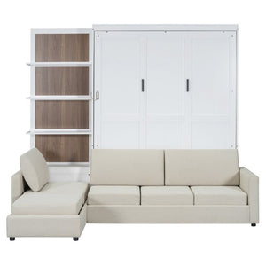 English Elm Queen Murphy Wall Bed with Integrated Sofa Shelving and Linen Upholstery for Studios LP000592AAK-4