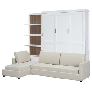 English Elm Queen Murphy Wall Bed with Integrated Sofa Shelving and Linen Upholstery for Studios LP000592AAK-4