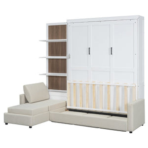 English Elm Queen Murphy Wall Bed with Integrated Sofa Shelving and Linen Upholstery for Studios LP000592AAK-4
