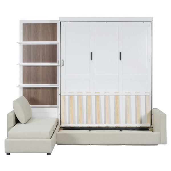 English Elm Queen Murphy Wall Bed with Integrated Sofa Shelving and Linen Upholstery for Studios LP000592AAK-4
