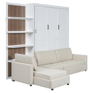 English Elm Queen Murphy Wall Bed with Integrated Sofa Shelving and Linen Upholstery for Studios LP000592AAK-4