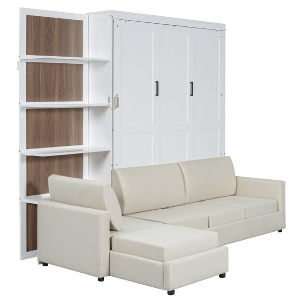 English Elm Queen Murphy Wall Bed with Integrated Sofa Shelving and Linen Upholstery for Studios LP000592AAK-4