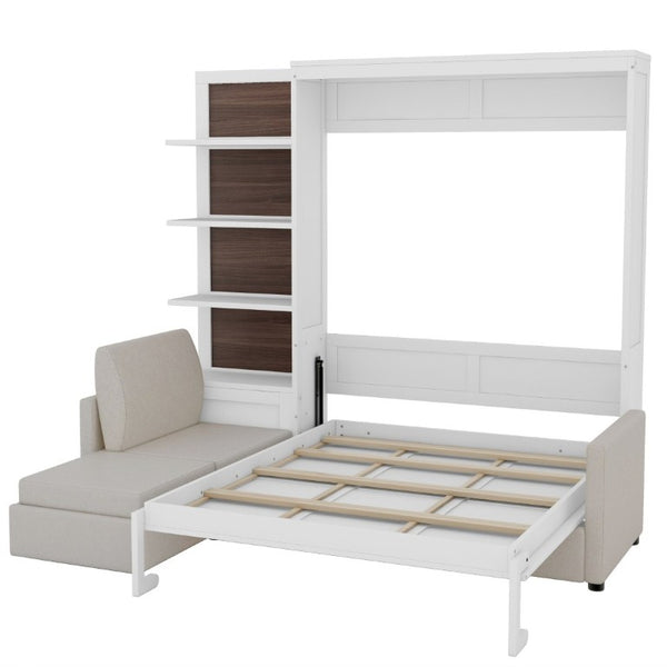 English Elm Queen Murphy Wall Bed with Integrated Sofa Shelving and Linen Upholstery for Studios LP000592AAK-4