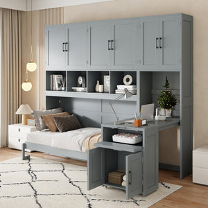 English Elm Twin Murphy Wall Bed with Integrated Desk Wardrobe and Drawers for Studio Spaces Gray LP000595AAE-3