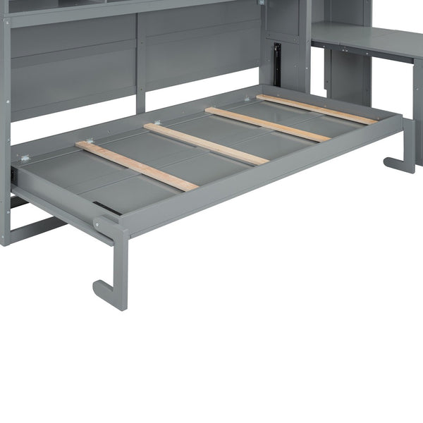 English Elm Twin Murphy Wall Bed with Integrated Desk Wardrobe and Drawers for Studio Spaces Gray LP000595AAE-3