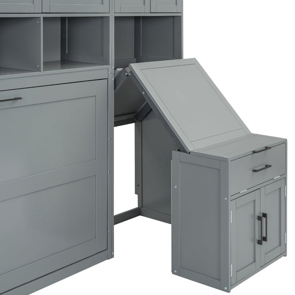 English Elm Twin Murphy Wall Bed with Integrated Desk Wardrobe and Drawers for Studio Spaces Gray LP000595AAE-3