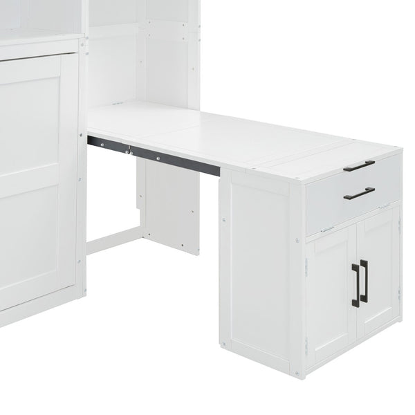 English Elm Twin Murphy Wall Bed with Integrated Desk Wardrobe and Drawers for Studio Spaces White LP000595AAK-3