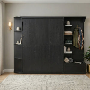 English Elm Queen Murphy Wall Bed with Oak Veneer Cabinetry Led Lighting Shelves for Small Spaces Black LP000635AAB