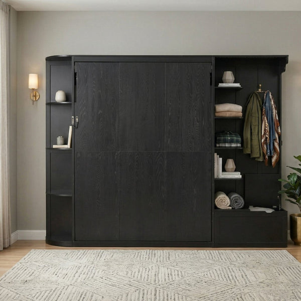 English Elm Queen Murphy Wall Bed with Oak Veneer Cabinetry Led Lighting Shelves for Small Spaces Black LP000635AAB