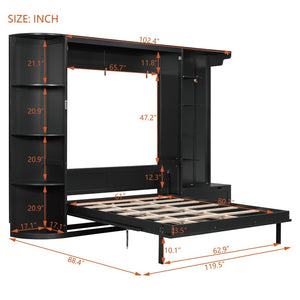 English Elm Queen Murphy Wall Bed with Oak Veneer Cabinetry Led Lighting Shelves for Small Spaces Black LP000635AAB