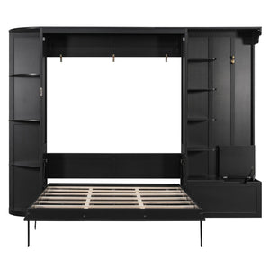 English Elm Queen Murphy Wall Bed with Oak Veneer Cabinetry Led Lighting Shelves for Small Spaces Black LP000635AAB
