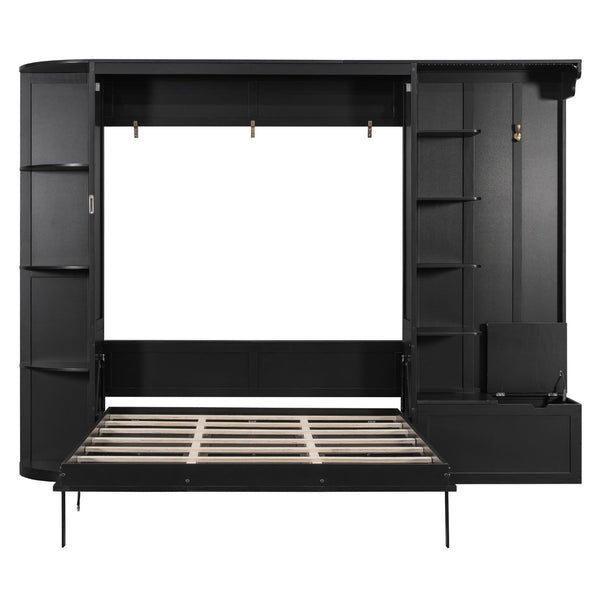 English Elm Queen Murphy Wall Bed with Oak Veneer Cabinetry Led Lighting Shelves for Small Spaces Black LP000635AAB