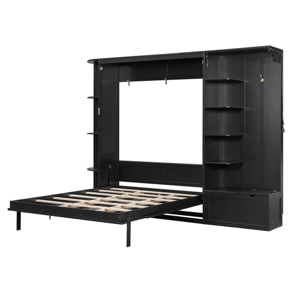 English Elm Queen Murphy Wall Bed with Oak Veneer Cabinetry Led Lighting Shelves for Small Spaces Black LP000635AAB