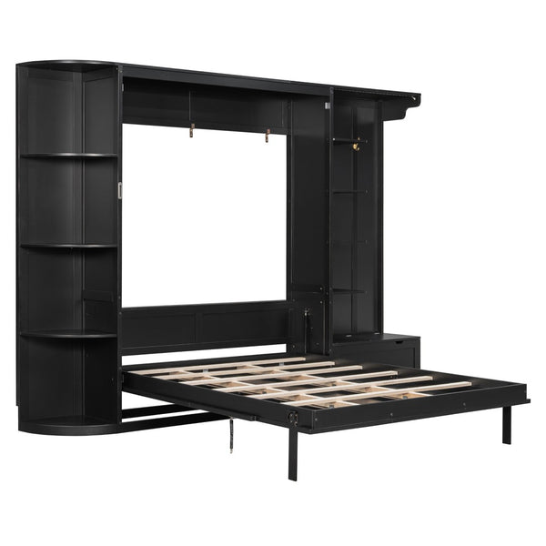 English Elm Queen Murphy Wall Bed with Oak Veneer Cabinetry Led Lighting Shelves for Small Spaces Black LP000635AAB
