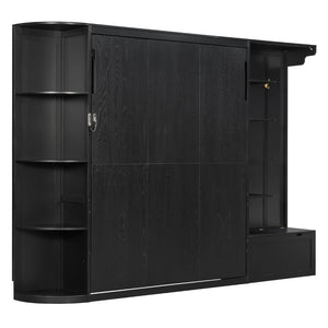 English Elm Queen Murphy Wall Bed with Oak Veneer Cabinetry Led Lighting Shelves for Small Spaces Black LP000635AAB
