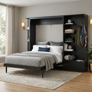 English Elm Queen Murphy Wall Bed with Oak Veneer Cabinetry Led Lighting Shelves for Small Spaces Black LP000635AAB